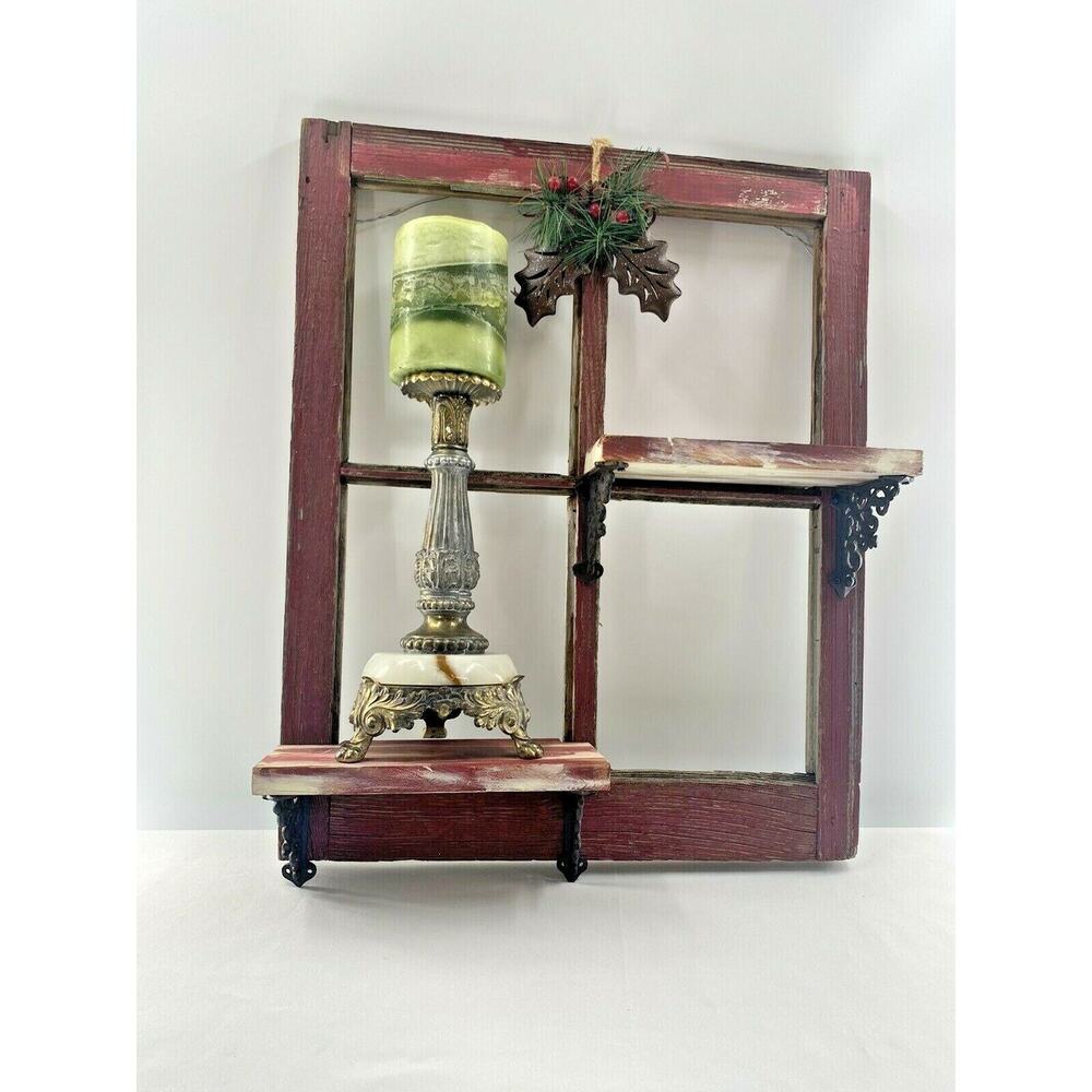 Vintage Red Barn Wood 4 Pane Window Wall Shelf Christmas Hollyberry Shadow Box - Picture 4 of 12